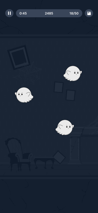Ghost Guard game screen with animated ghost characters floating in a dark room