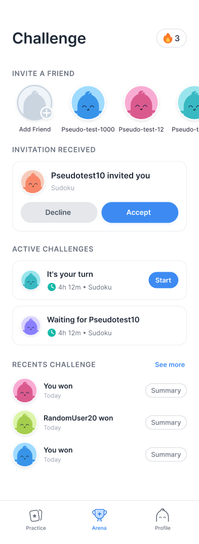 Brain Rise challenge screen showing friend invitations and active turn-based challenges