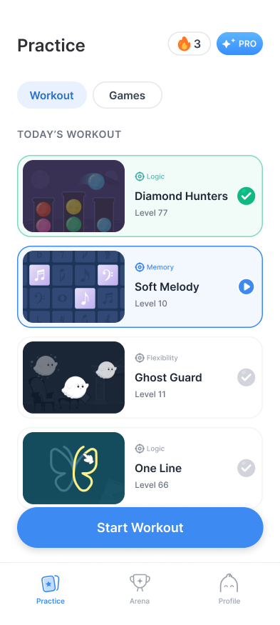 Brain Rise daily workout screen showing a list of short brain-training games